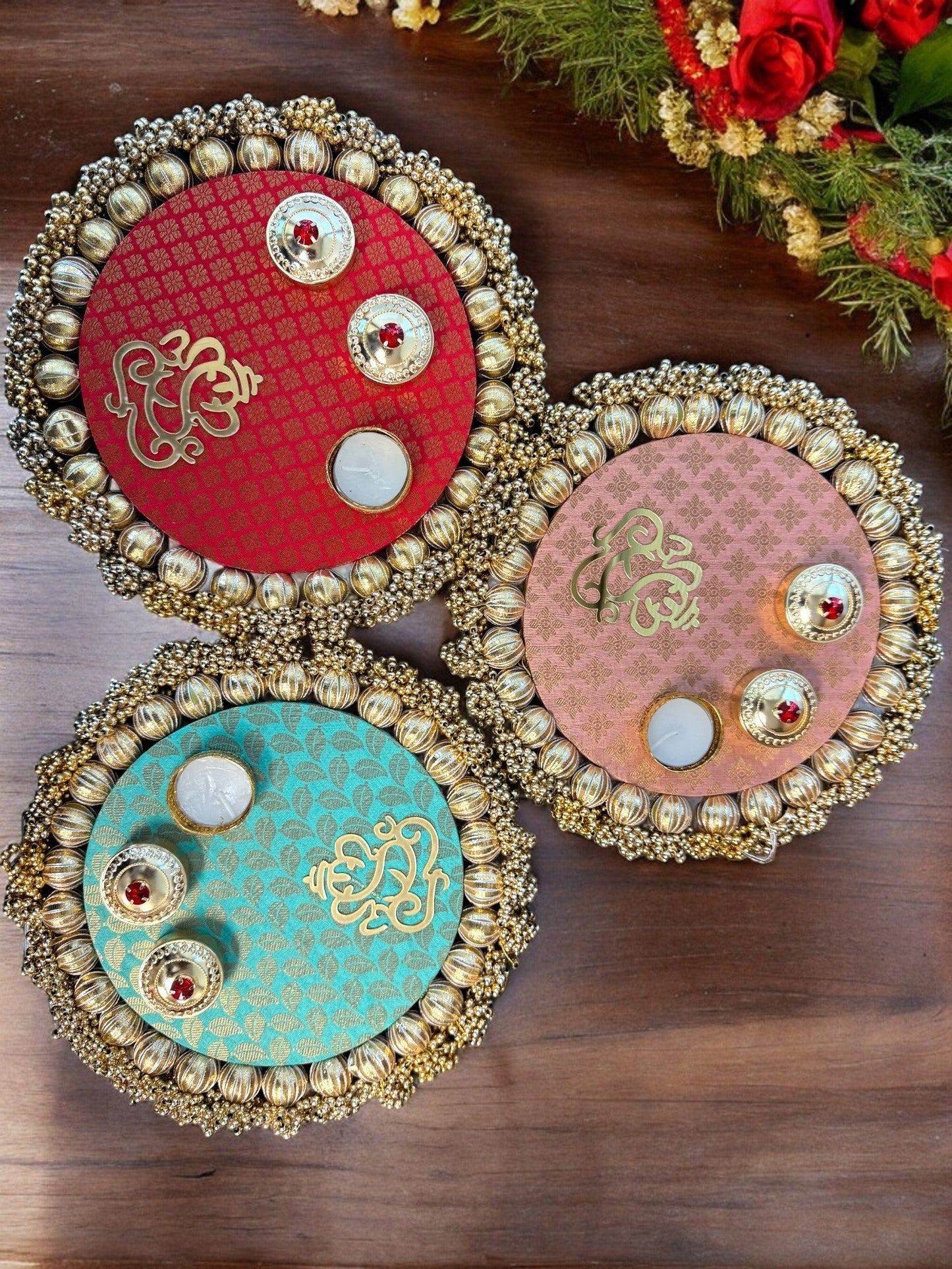 Pooja Thali with Ganesha & Gota - Multicolor