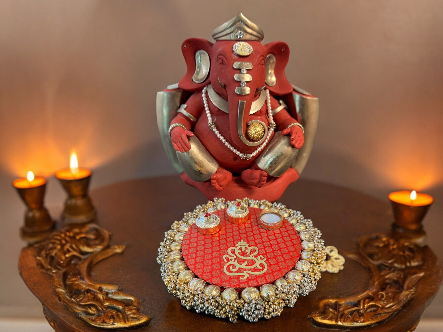 Pooja Thali with Ganesha & Gota - Red