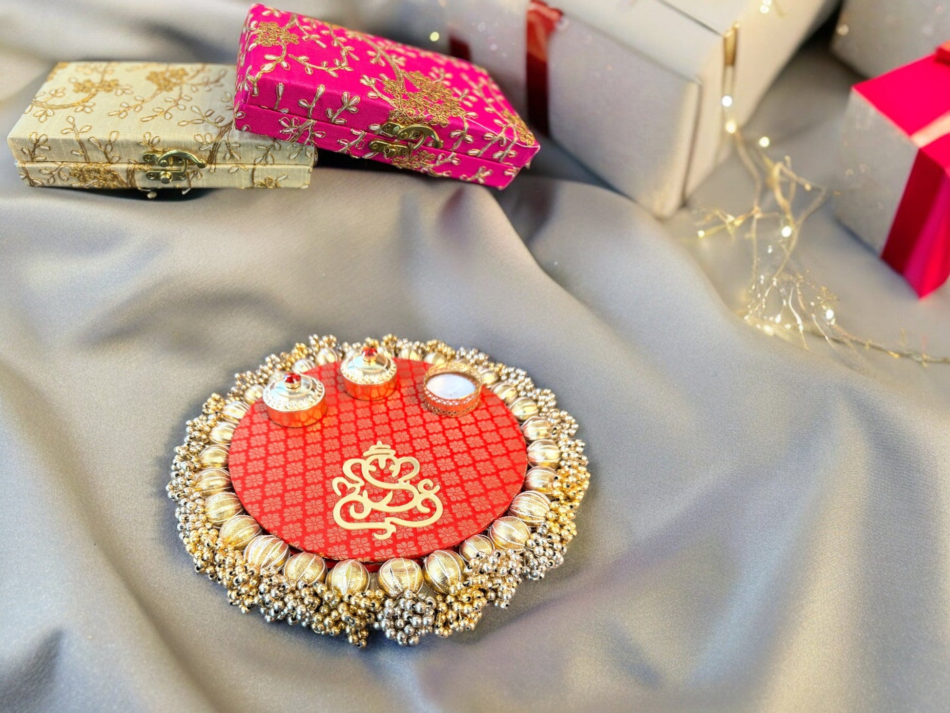 Pooja Thali with Ganesha & Gota - Red
