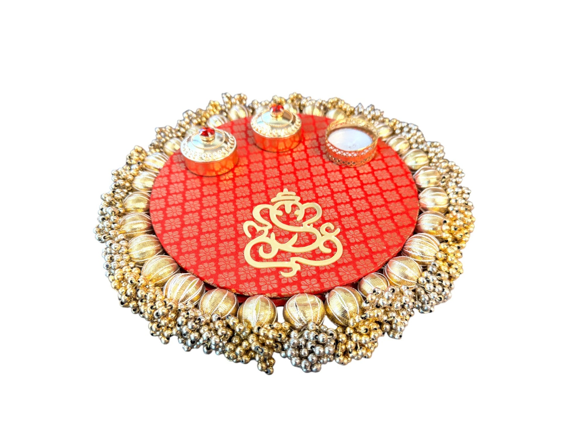 Pooja Thali with Ganesha & Gota - Red