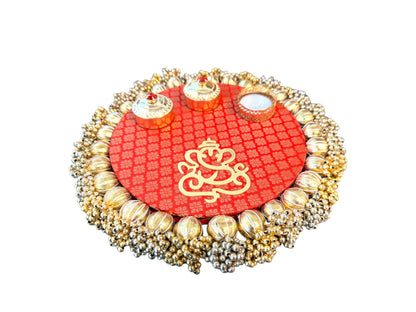Pooja Thali with Ganesha & Gota - Red