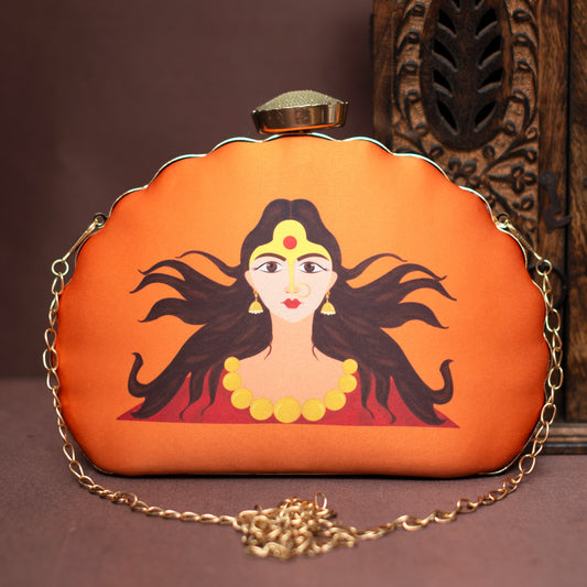 Orange Durga Printed D-Shape Clutch