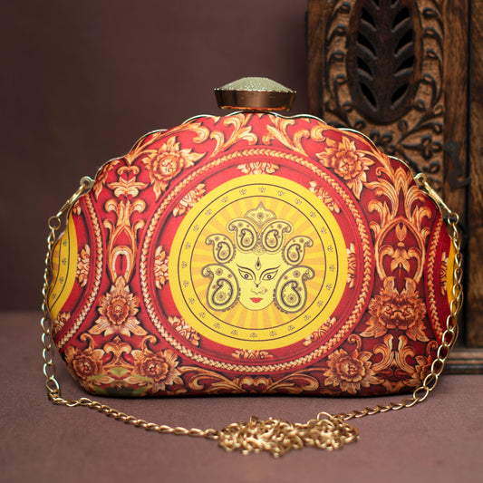 Maroon Durga Printed D-Shape Clutch