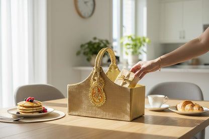 Person opening a decorative gift box on a table with food and a cup.