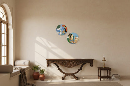 Set of 2 - Round Shape Wooden Wall Hanging Decor | Handcrafted Art | Mdf| Paintings | Sinary | Gifts | Sceneries For Wall | Unique Gift