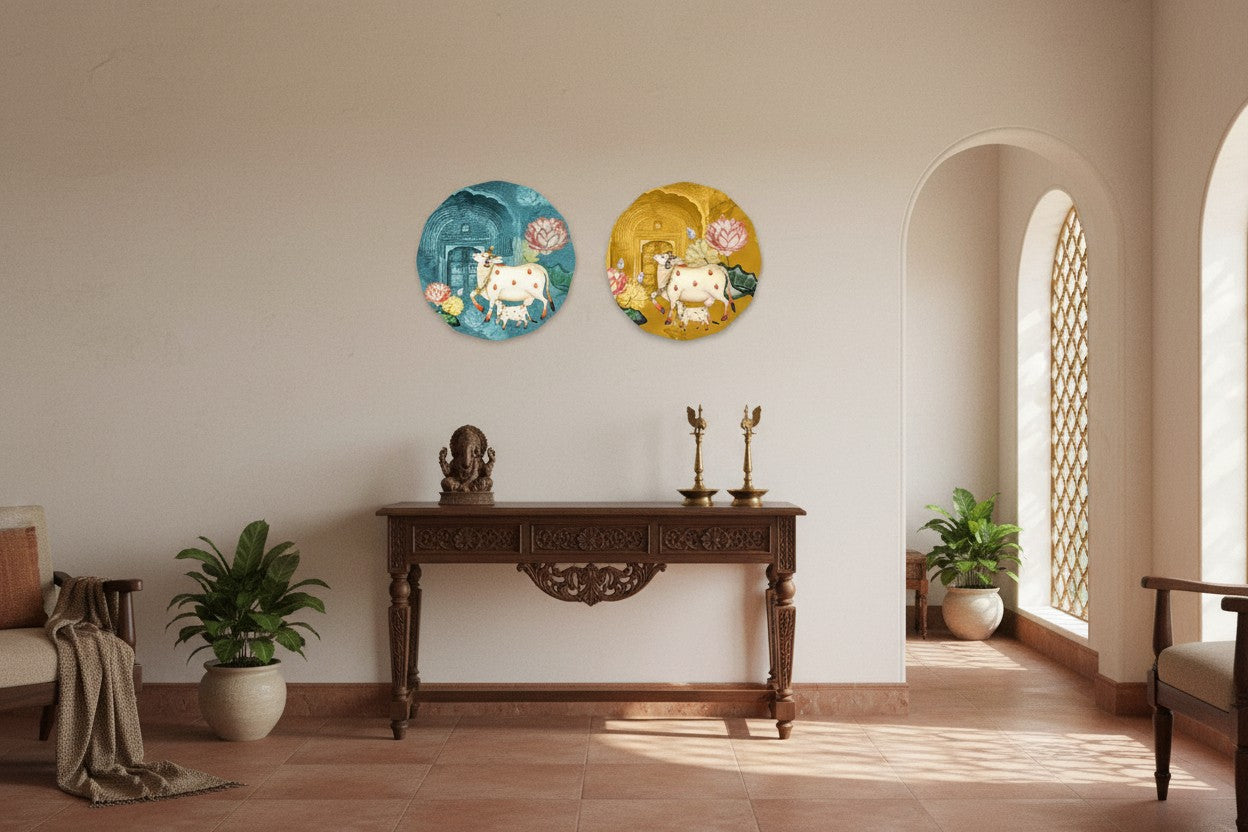 Set of 2 - Round Shape Wooden Wall Hanging Decor | Handcrafted Art | Mdf| Paintings | Sinary | Gifts | Sceneries For Wall | Unique Gift