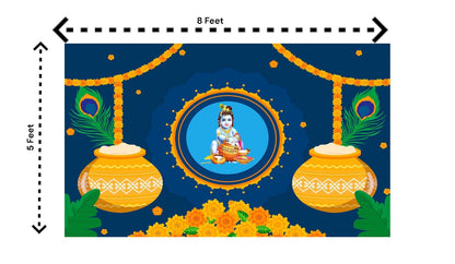 5x8 Feet Fabric Reusable Lord Krisha's Backdrop Banner for Janmashtami, Baby Shower or any Auspicious Occasions or pooja (1179)
