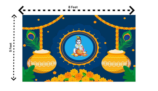 5x8 Feet Fabric Reusable Lord Krisha's Backdrop Banner for Janmashtami, Baby Shower or any Auspicious Occasions or pooja (1179)