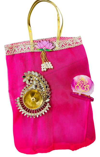 Combo of Diya, Resin Ganesha & Bag - Perfect Giveaway for Wedding, Mehendi, Karwachauth