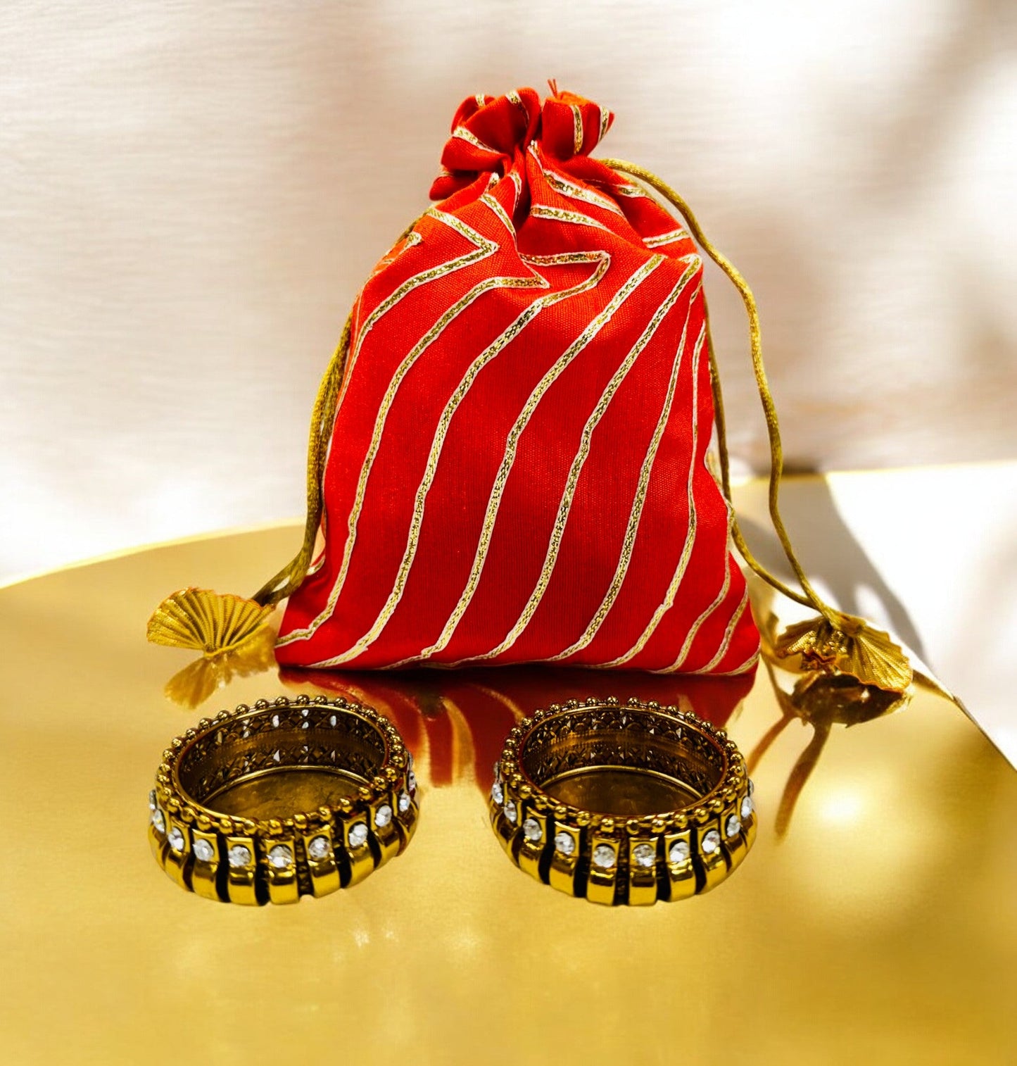 Ready to give Combo Set includes Two Kundan Diya's with Potli Gift Bag, Set of 4