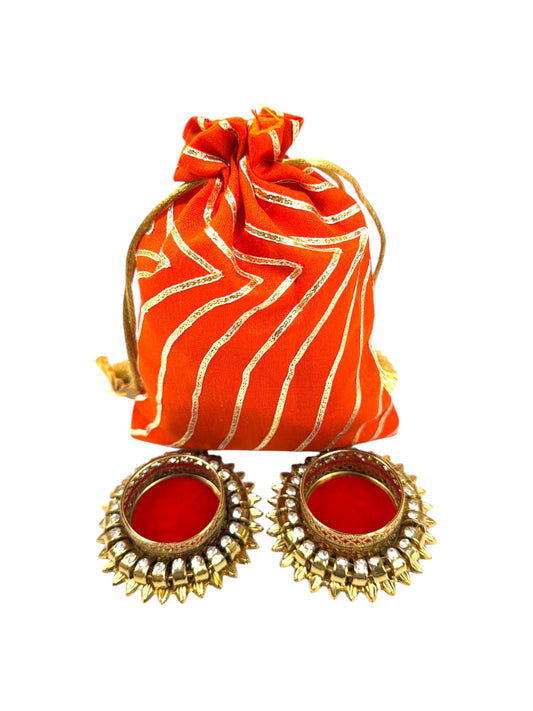 Ready-to-gift Combo Set includes Two Velvet Kundan Diya's with Potli Gift Bag