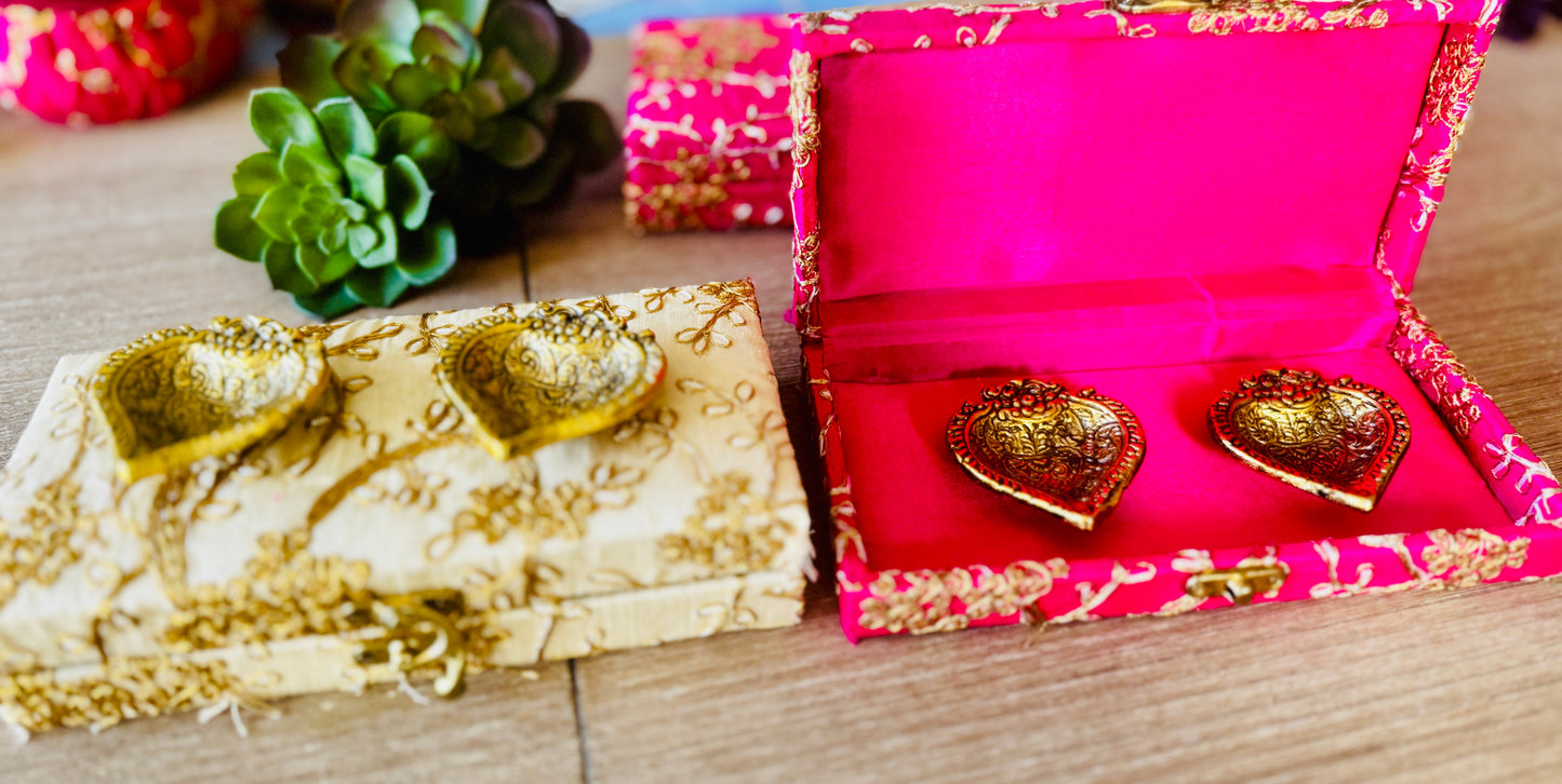 Ready-to-gift Combo Set includes Two Metal Diya's with Embroidered Gift Box set of 4  for Diwali or Indian Festivals or Occasions as Return Gift