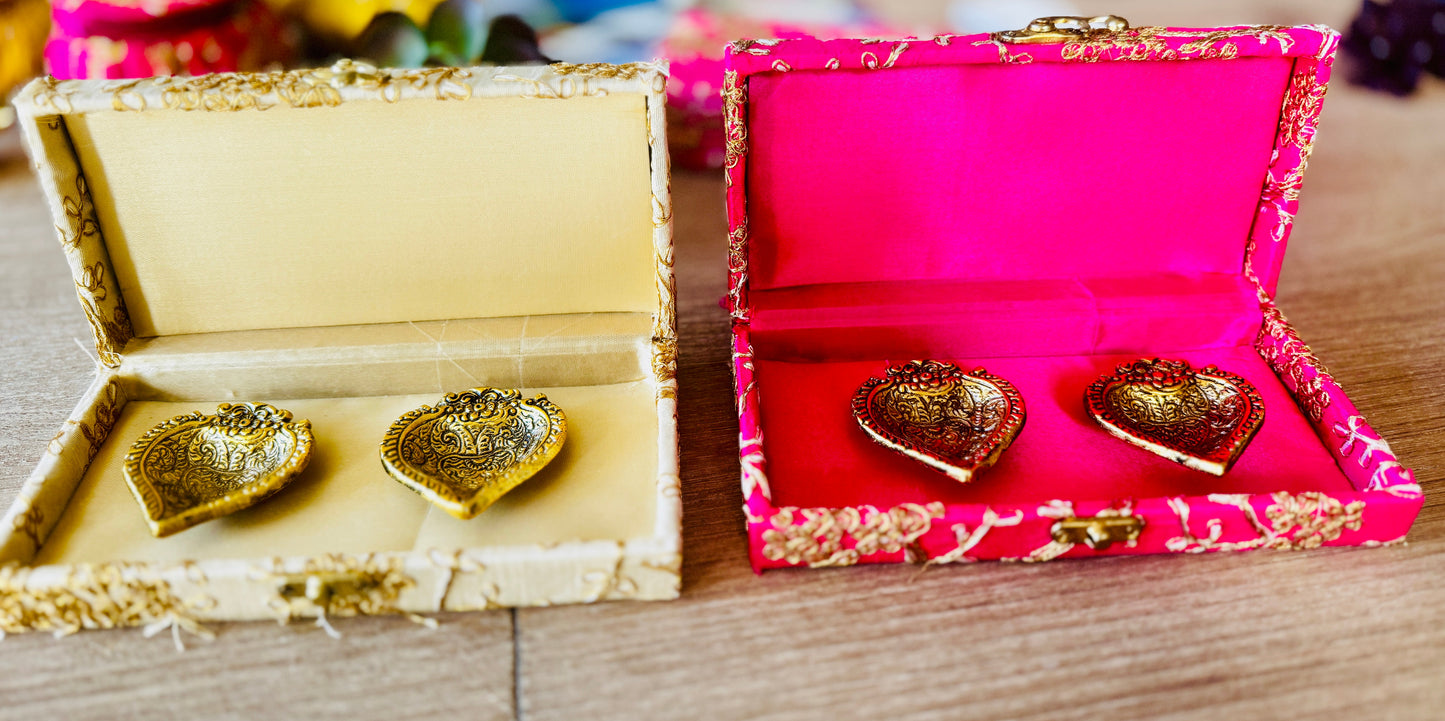 Ready-to-gift Combo Set includes Two Metal Diya's with Embroidered Gift Box set of 4  for Diwali or Indian Festivals or Occasions as Return Gift