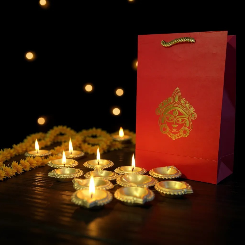 Small Diya Urli with Durga Paper Bags Combo - Return Gifts for Housewarming, Diwali or Puja