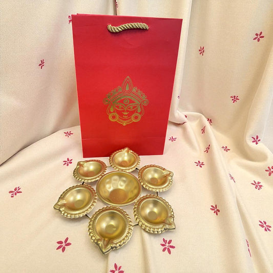 Small Diya Urli with Durga Paper Bags Combo - Return Gifts for Housewarming, Diwali or Puja