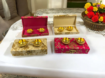 Ready-to gift Combo Set includes Two Metal Kuber Diyas with Rectangle Embroidered Gift Box set of 4 for Diwali or Indian Festivals or Occasions as Return Gift