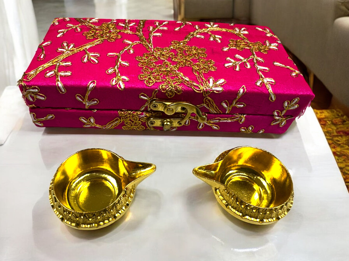 Ready-to gift Combo Set includes Two Metal Kuber Diyas with Rectangle Embroidered Gift Box set of 4 for Diwali or Indian Festivals or Occasions as Return Gift