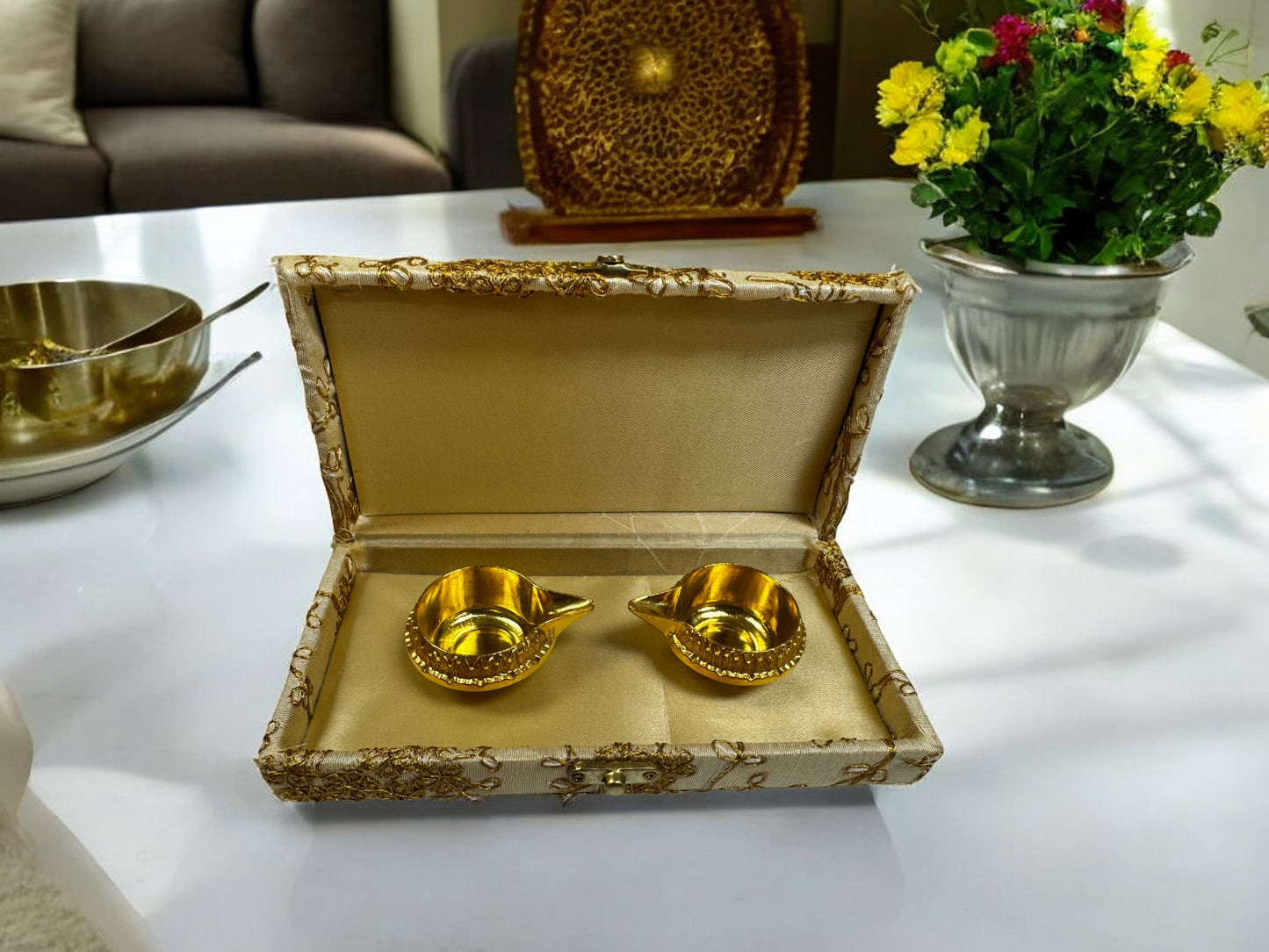 Ready-to gift Combo Set includes Two Metal Kuber Diyas with Rectangle Embroidered Gift Box set of 4 for Diwali or Indian Festivals or Occasions as Return Gift