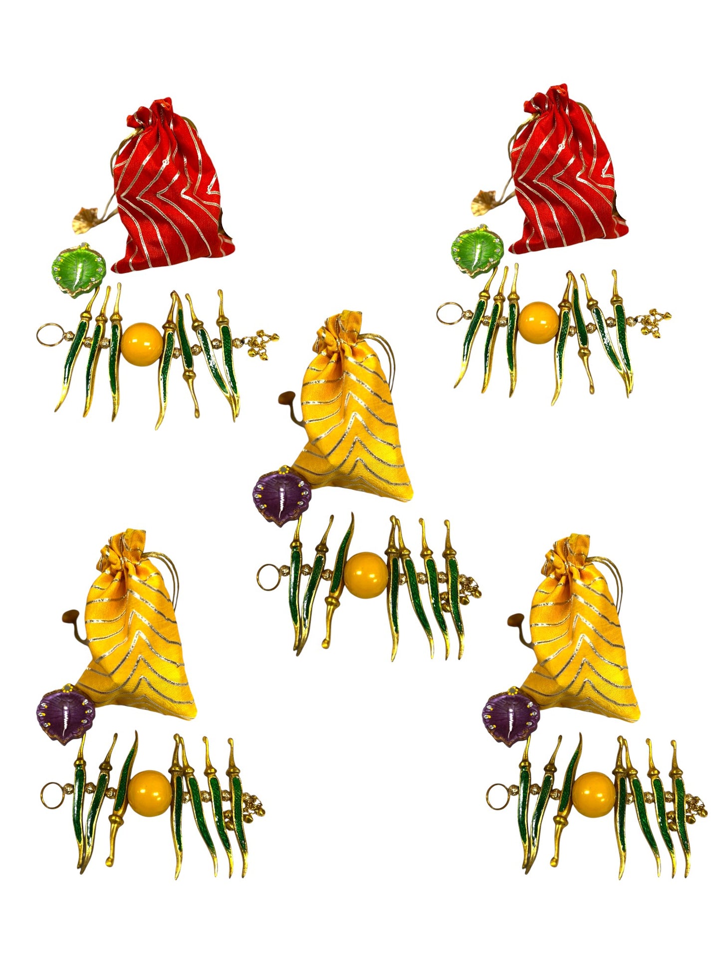 Ready-to-gift Combo Set includes One Metal Yellow & Green Nimbu Mirchi Charm & One Hand painted Clay Diya with Potli Gift Bag Set of 5 for Diwali or Indian Festivals or Occasions as Return Gift