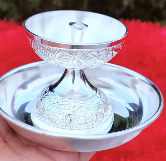 German Silver Nakkashi Work Daily Use Akhand Diya with Plate Combo Set