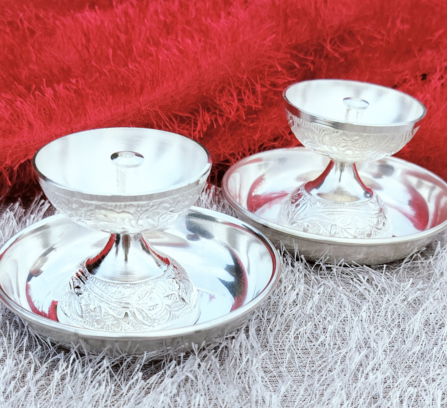German Silver Nakkashi Work Daily Use Akhand Diya with Plate Combo Set