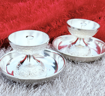German Silver Nakkashi Work Daily Use Akhand Diya with Plate Combo Set