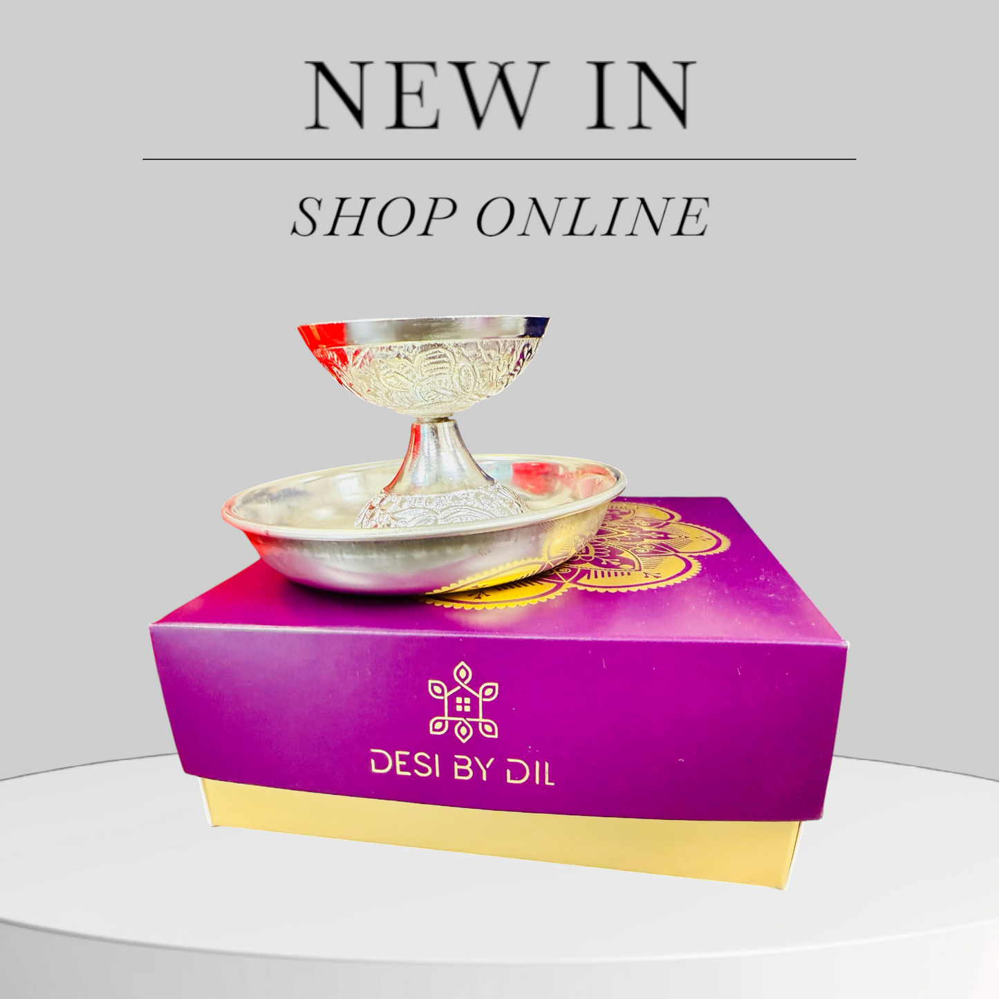 German Silver Nakkashi Work Daily Use Akhand Diya with Plate Combo Set