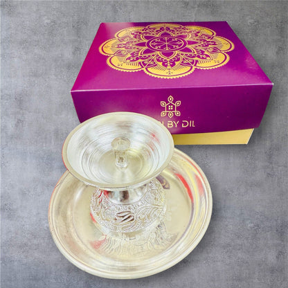 German Silver Nakkashi Work Daily Use Akhand Diya with Plate Combo Set