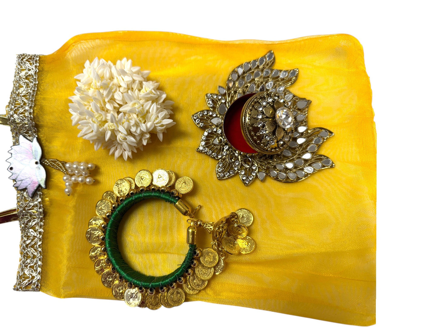 Ready to Give Combo for Karwachouth includes Penny Bangle, Gajra Bun & Lotus Sindoor Dani in Tissue Bag - Set of 5