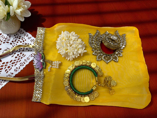 Ready to Give Combo for Karwachouth includes Penny Bangle, Gajra Bun & Lotus Sindoor Dani in Tissue Bag - Set of 5