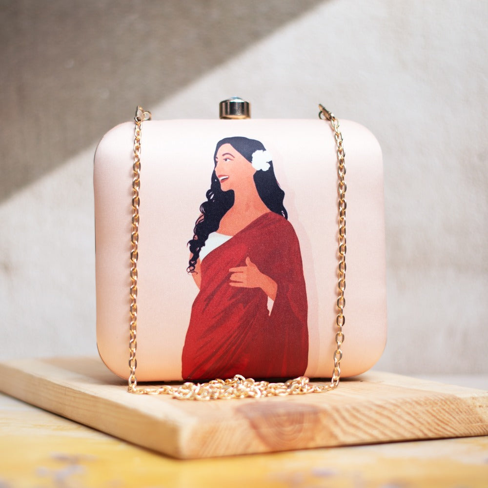 Lady in Red Sari with Flower in Long Hair Portrait Clutch