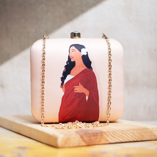 Lady in Red Sari with Flower in Long Hair Portrait Clutch