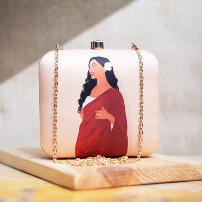 Lady in Red Sari with Flower in Long Hair Portrait Clutch