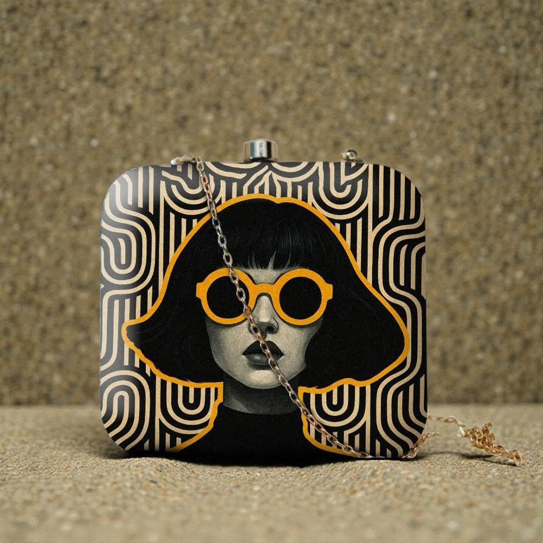 Black Stylish Clutch with Women Portrait Wearing Goggle