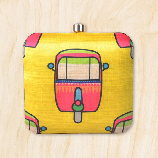 Auto Rickshaw Print Square Clutch with Chain to Carry