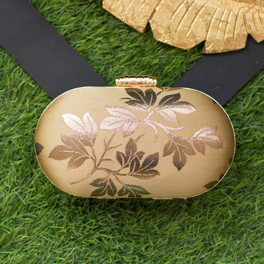 Beige And Golden Brocade Fabric Cylindrical Shape Clutch