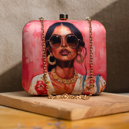 Indian Swag - Clutch with Women Portrait with Heavy Jewelry & Sunglasses