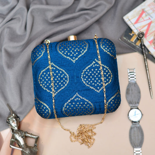 Golden Sequins And Thread Work Embroidery Clutch