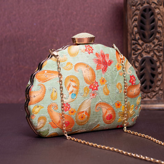 Pastel Green Floral Printed Zari Embroidery D Shaped Clutch