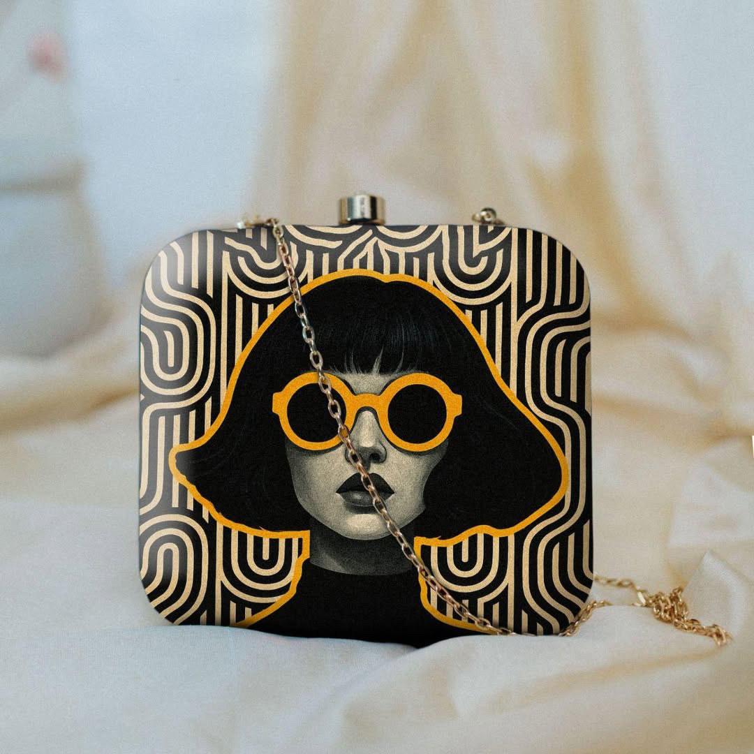 Black Stylish Clutch with Women Portrait Wearing Goggle