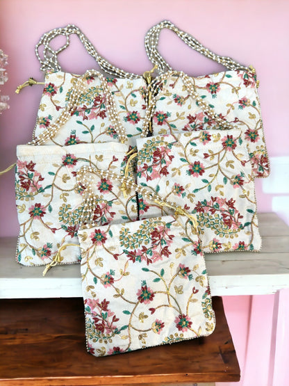 Embroidered Potli with Pearl Handle, Set of 5