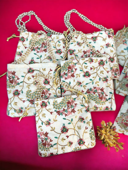 Embroidered Potli with Pearl Handle, Set of 5