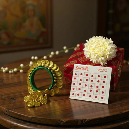 Ready to Give Combo for Karwa Chauth includes Penny Bangle, Gajra Bun & Bindi in Brocade Box - Set of 5