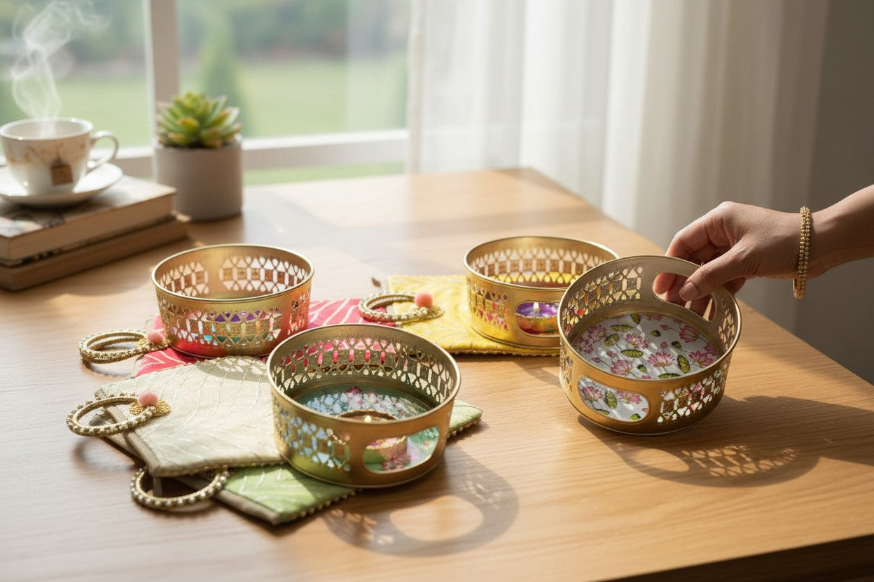 Combo - Designer Floral Print Tray with Gota Bag