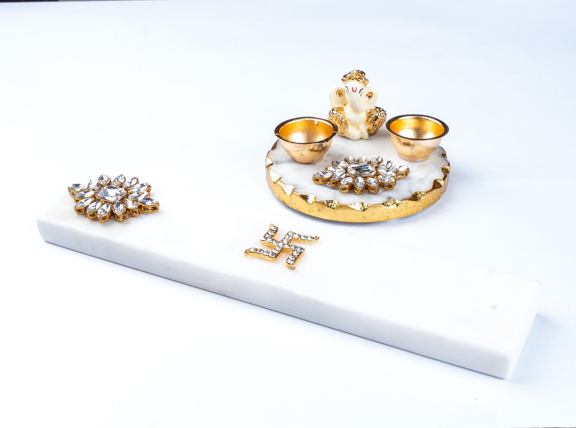 Marble Agarbatti Stand with Ganesha Platter - White BG