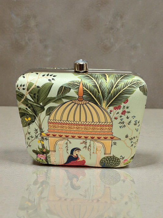 Designer Clutch with Women in Traditional Attire Sitting in a Domed Pavilion