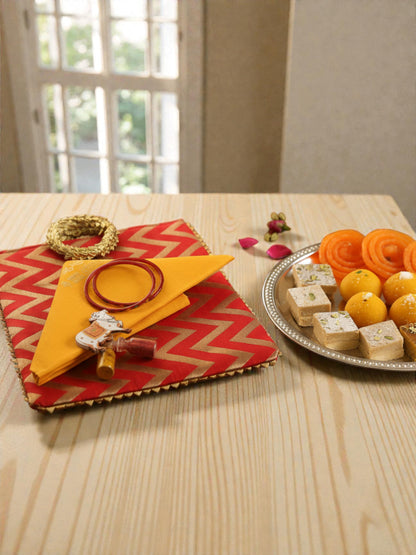 Traditional Ready to Give Combo for Half Saree, Haldi Kumkum ceremony includes Blouse Piece, Bangles, Haldi kumkum packets in Chevron Bag