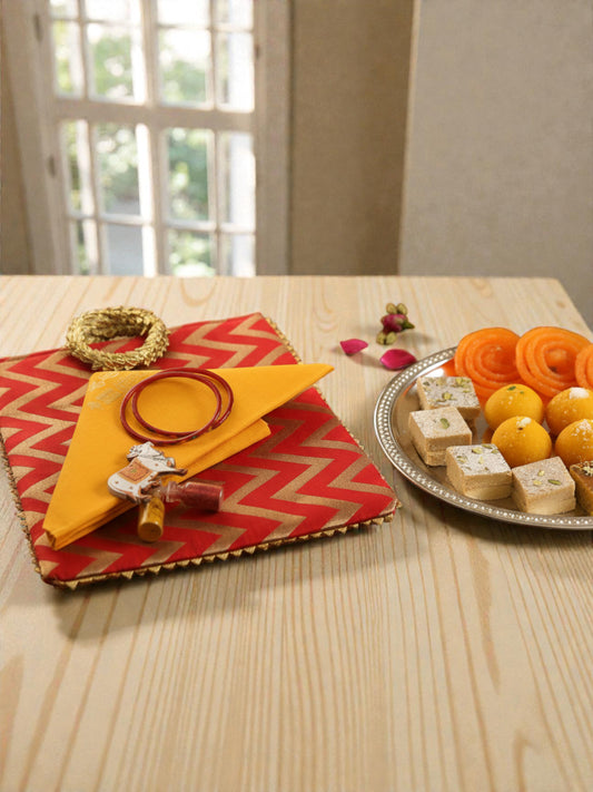 Traditional Ready to Give Combo for Half Saree, Haldi Kumkum ceremony includes Blouse Piece, Bangles, Haldi kumkum packets in Chevron Bag