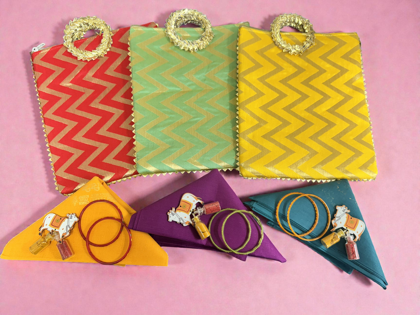 Traditional Ready to Give Combo for Half Saree, Haldi Kumkum ceremony includes Blouse Piece, Bangles, Haldi kumkum packets in Chevron Bag