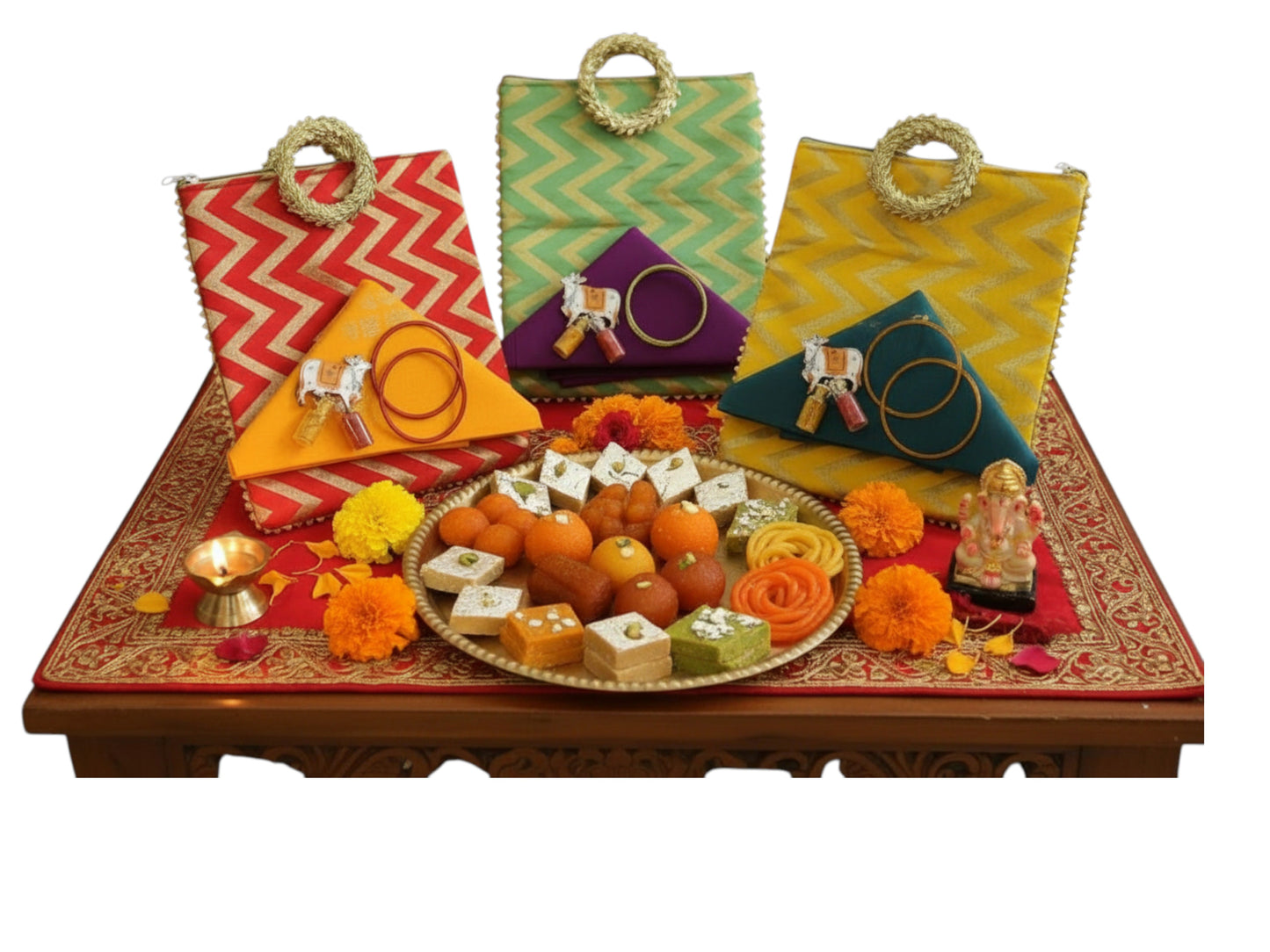 Traditional Ready to Give Combo for Half Saree, Haldi Kumkum ceremony includes Blouse Piece, Bangles, Haldi kumkum packets in Chevron Bag